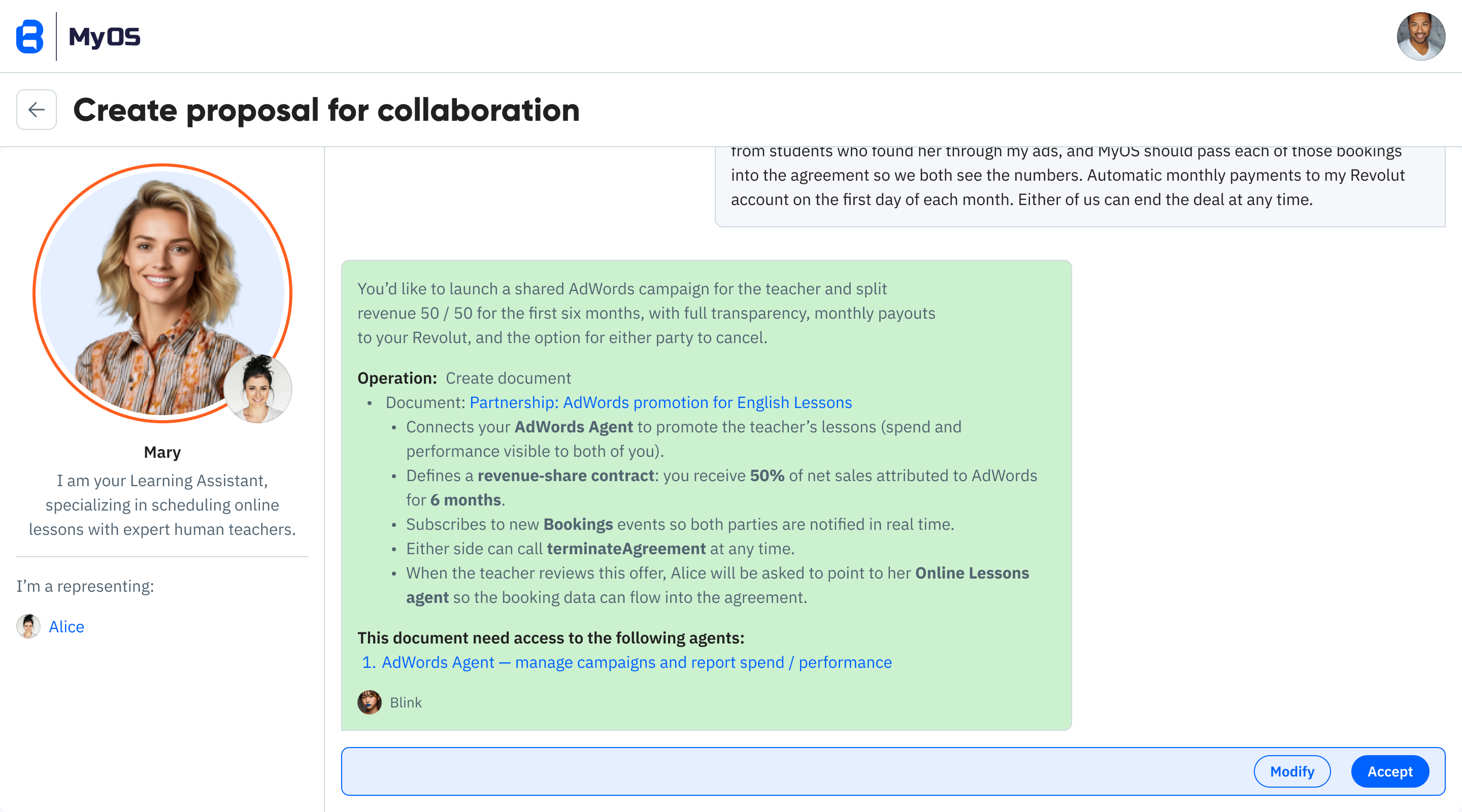 Active agreement showing bookings