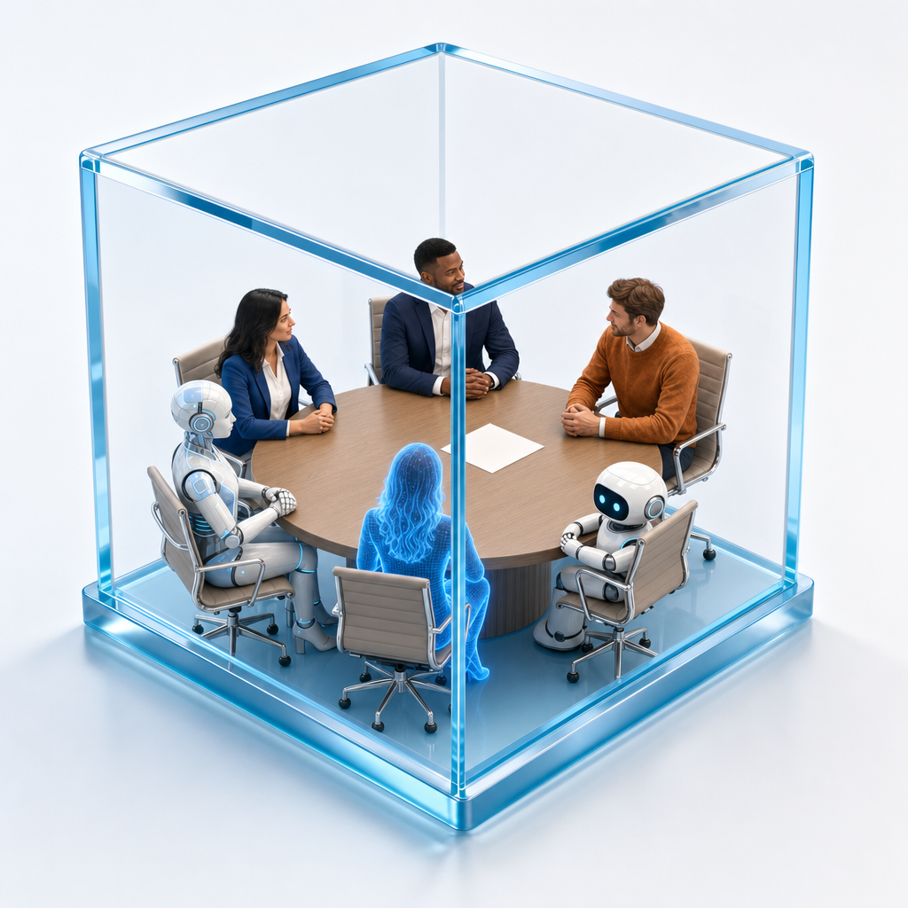 Three people and three AI agents gathered around one table inside a transparent Blue document cube