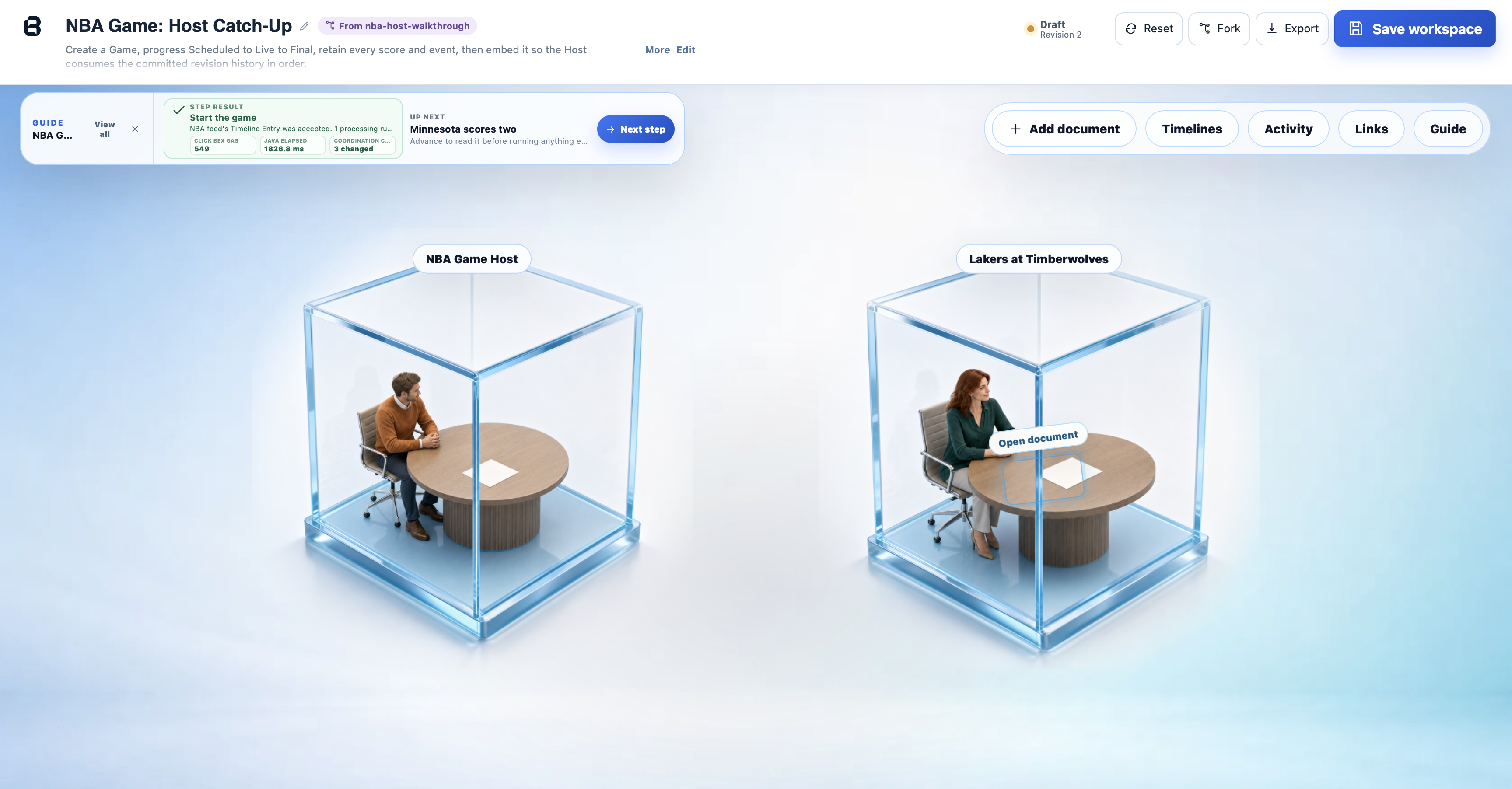 Blue Playground workspace showing two connected glass-cube documents, their participants, and the live lesson controls
