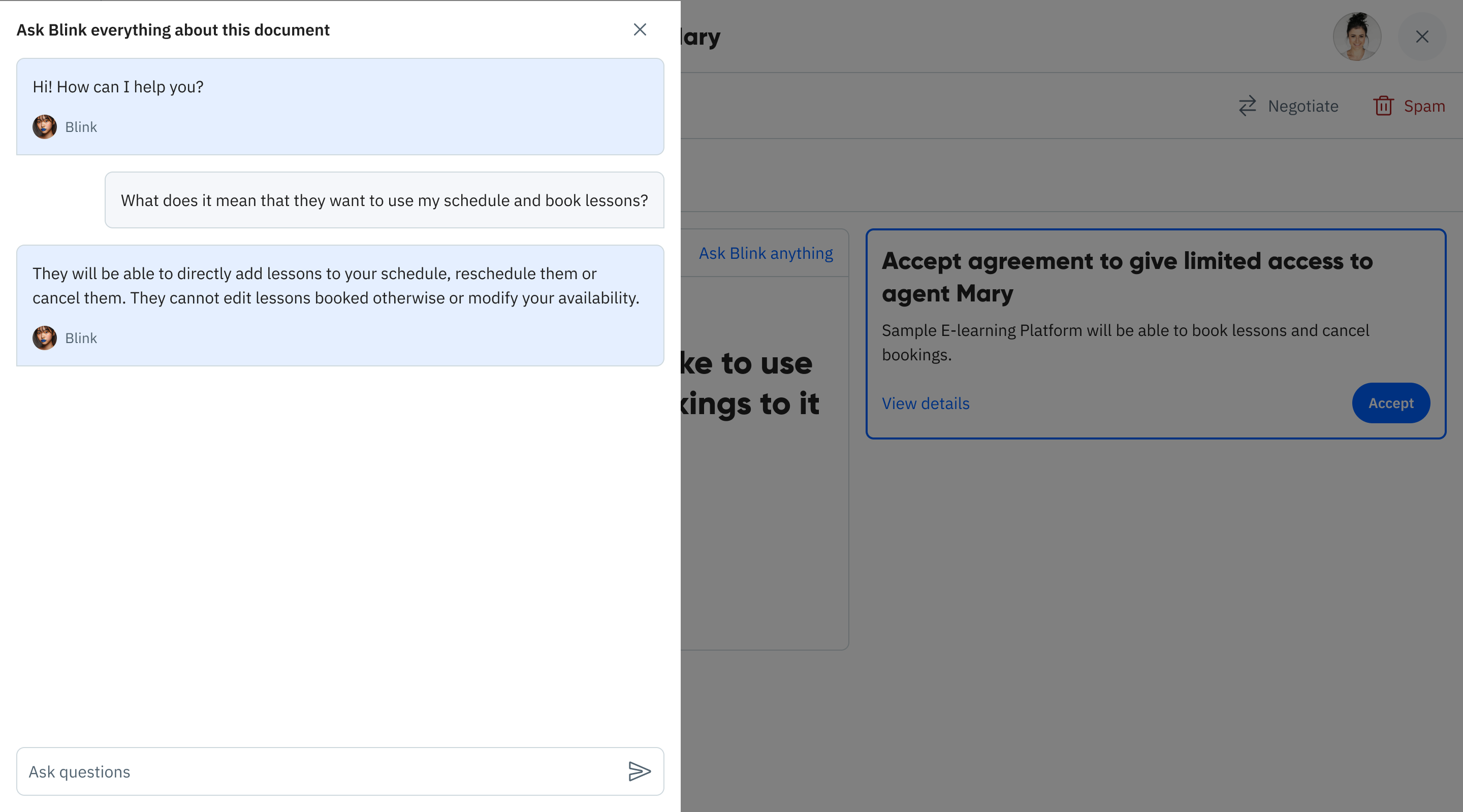 Asking Blink about agreement details