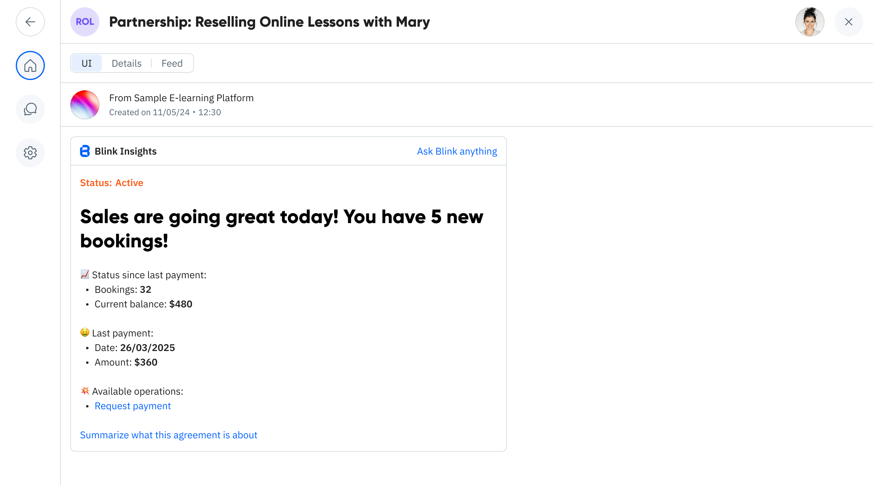 Active agreement showing bookings