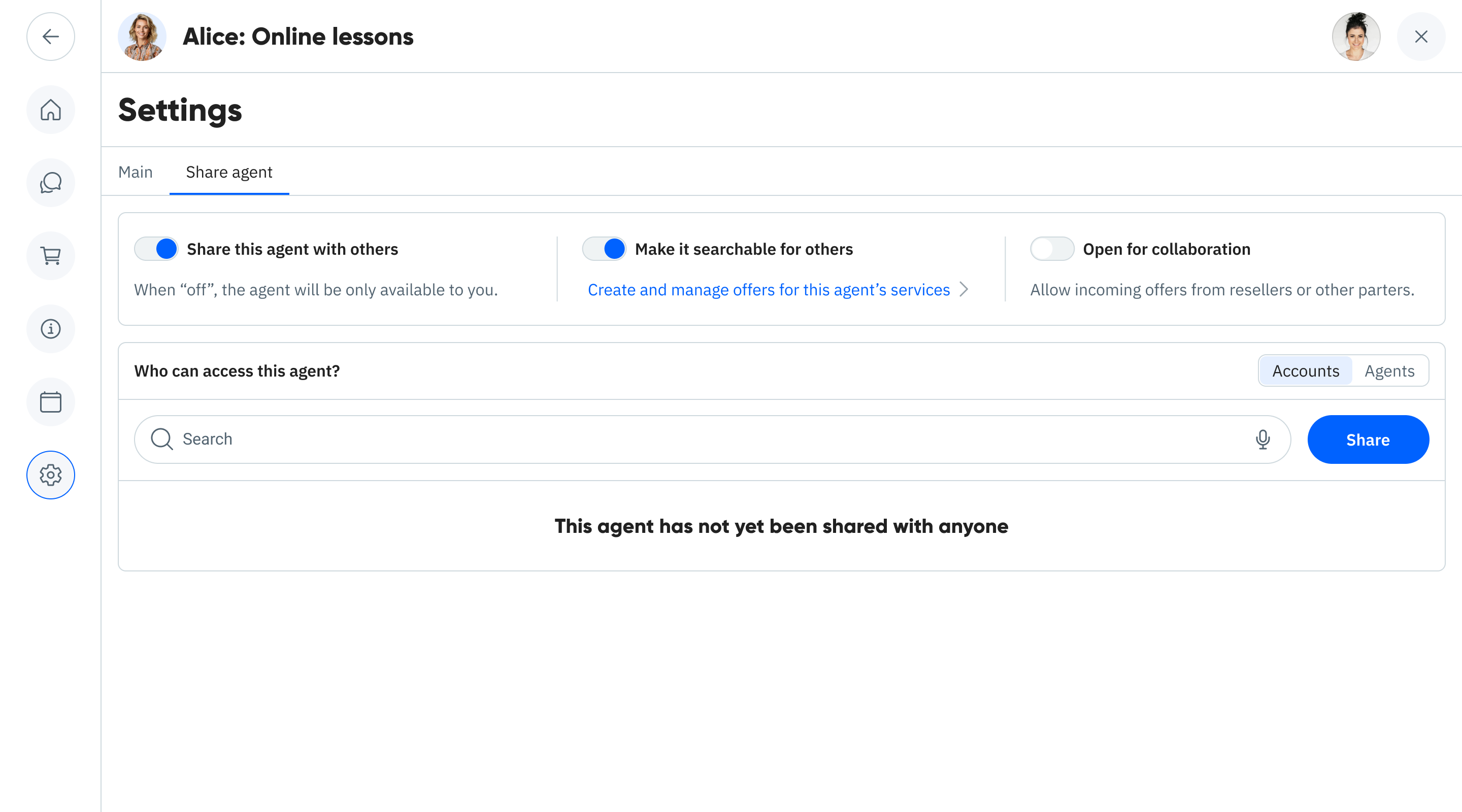 Agent marketplace publishing settings