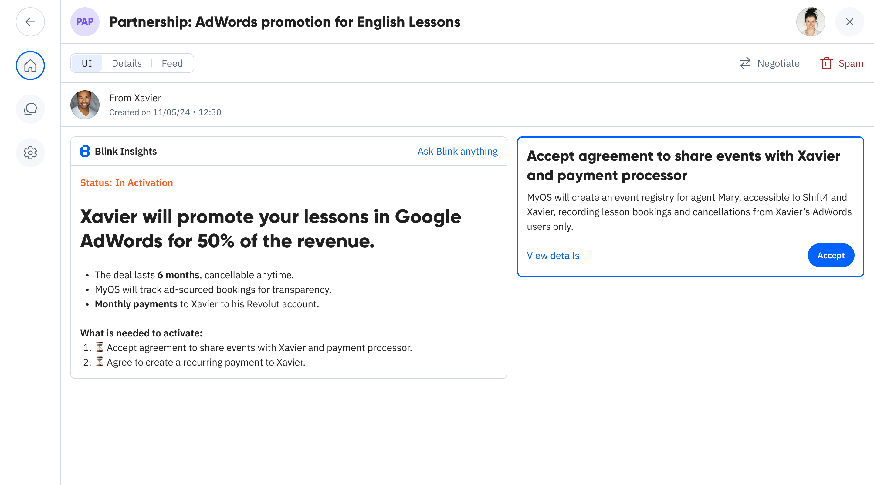 Active agreement showing bookings