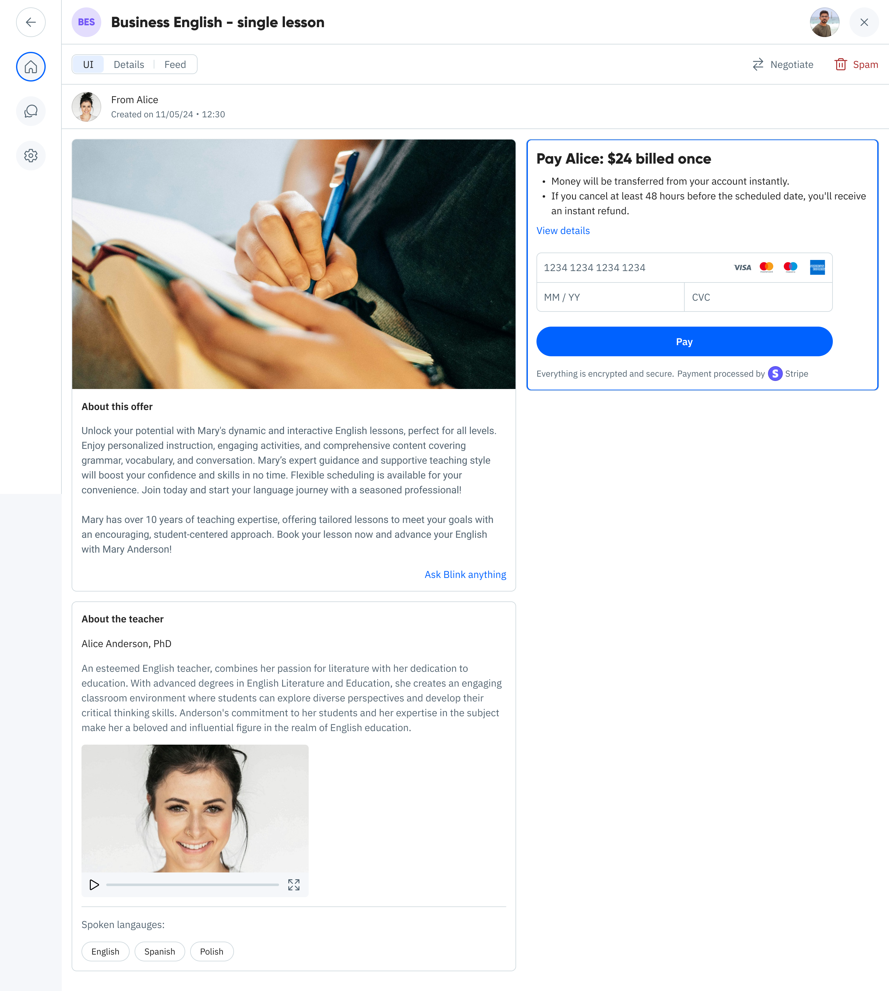 Active agreement showing bookings