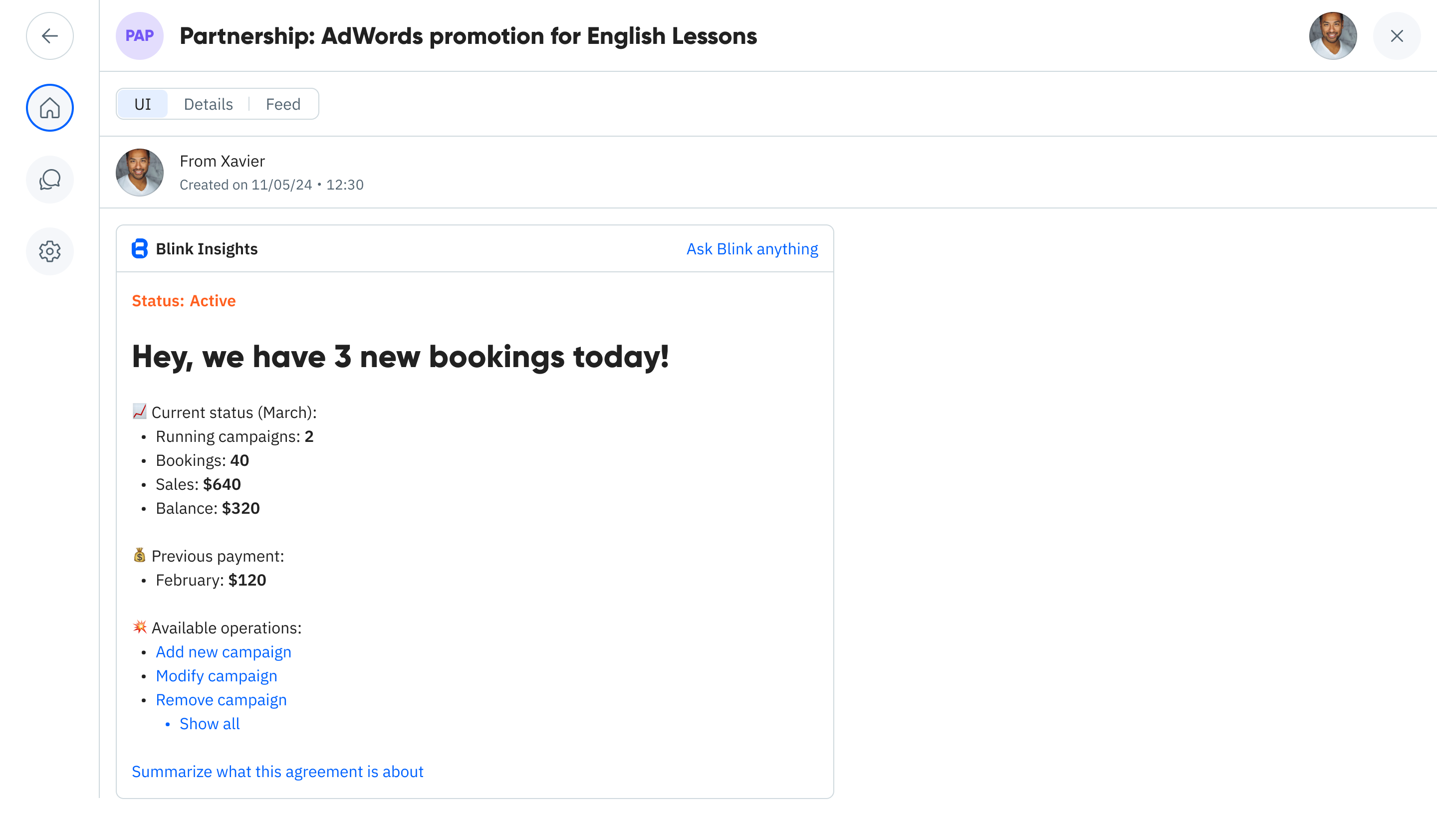 Active agreement showing bookings